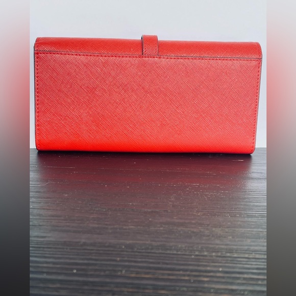 Women Callaghan tri-fold cowhide split leather wine red and creamy white clutch - Picture 2 of 12